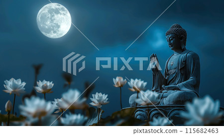 Buddha statue mediating with Lotuses and reflection. Magha Puja, Asanha Puja, and Visakha Puja Day. Buddhist holiday Concept. Generative Ai. 115682463