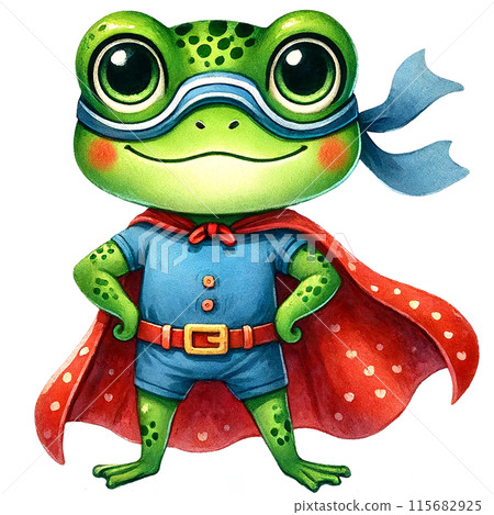 A cute cartoon frog dressed as a superhero with a red cape and blue suit 115682925
