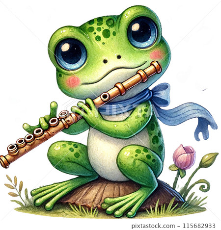 A cute green frog playing the flute with a blue ribbon around its neck. The frog sits on a small log surrounded by grass and flowers. 115682933