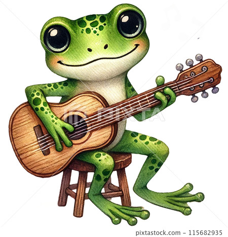 A cute green frog plays an acoustic guitar with a big smile on its face. Music notes float above its head. 115682935