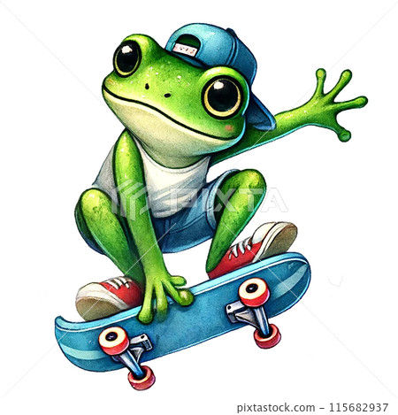 A cute green frog wearing a blue hat and denim shorts, skateboarding. 115682937