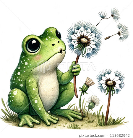 A cute green frog with big eyes sits next to a dandelion, blowing on it to make the seeds fly. A cute green frog with big eyes sits next to a dandelion, blowing on it to make the seeds fly. 115682942