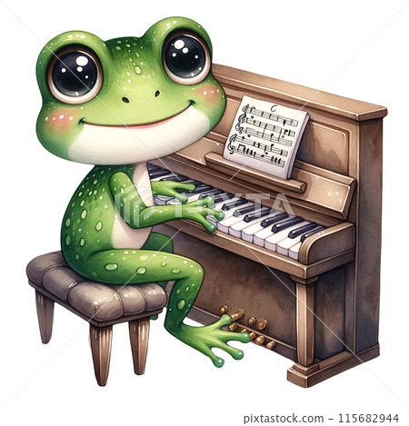 A cute green frog with big eyes sits on a piano stool, playing a piano with sheet music. A cute green frog with big eyes sits on a piano stool, playing a piano with sheet music. 115682944