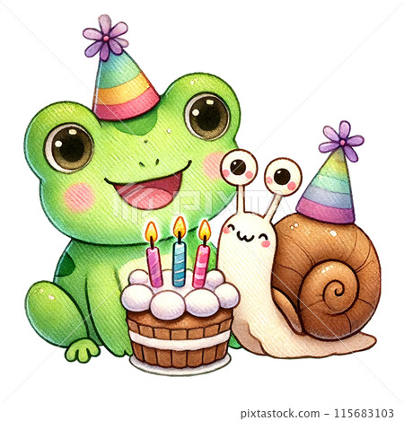 A happy frog and snail celebrate a birthday with a cake and candles. Friendship concept 115683103