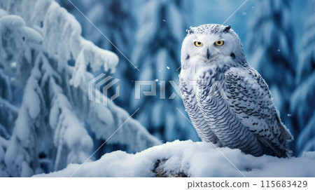 Snowy Owl, Bubo Scandiacus, perched on a post making eye contact with piercing yellow eyes. Light snowfall 115683429