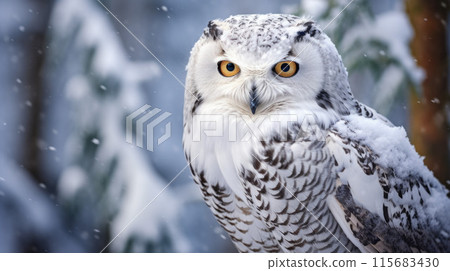 Snowy Owl, Bubo Scandiacus, perched on a post making eye contact with piercing yellow eyes. Light snowfall 115683430