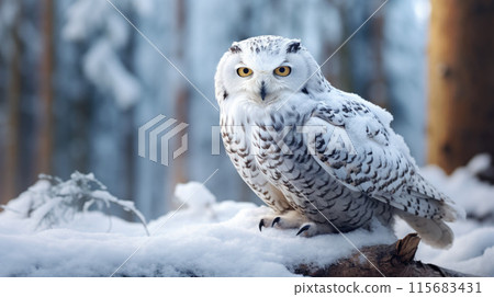 Snowy Owl, Bubo Scandiacus, perched on a post making eye contact with piercing yellow eyes. Light snowfall 115683431