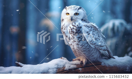 Snowy Owl, Bubo Scandiacus, perched on a post making eye contact with piercing yellow eyes. Light snowfall 115683432