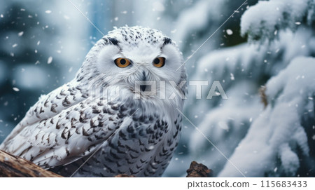 Snowy Owl, Bubo Scandiacus, perched on a post making eye contact with piercing yellow eyes. Light snowfall 115683433