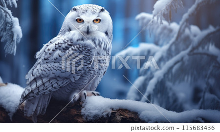 Snowy Owl, Bubo Scandiacus, perched on a post making eye contact with piercing yellow eyes. Light snowfall 115683436