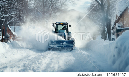 Snow blower powered by gasoline in action. Man outdoor in front of house using snowblower machine. 115683437