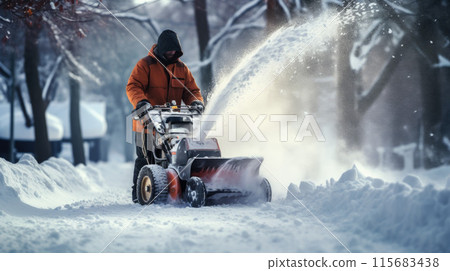 Snow blower powered by gasoline in action. Man outdoor in front of house using snowblower machine. 115683438