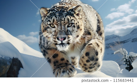 Snow leopard with long taill, sitting in nature stone rocky mountain habitat 115683441