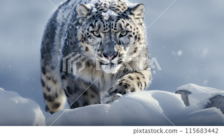 Snow leopard with long taill, sitting in nature stone rocky mountain habitat Snow leopard with long taill, sitting in nature stone rocky mountain habitat 115683442