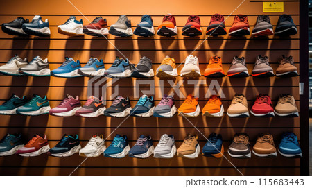 Shop display of a lot of Sports shoes on a wall. A view of a wall of shoes inside the store. Modern new stylish sneakers running shoes for men and women Shop display of a lot of Sports shoes on a wall. A view of a wall of shoes inside the store. Modern new stylish sneakers running shoes for men and women 115683443
