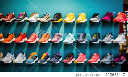 Shop display of a lot of Sports shoes on a wall. A view of a wall of shoes inside the store. Modern new stylish sneakers running shoes for men and women 115683447