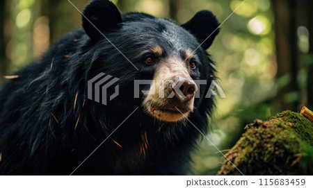 Close up, wild sloth bear, Melursus ursinus, in the forest. Sloth bear staring directly at camera, wildlife photo 115683459