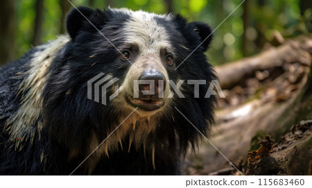 Close up, wild sloth bear, Melursus ursinus, in the forest. Sloth bear staring directly at camera, wildlife photo 115683460