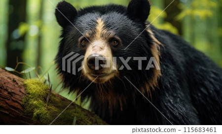 Close up, wild sloth bear, Melursus ursinus, in the forest. Sloth bear staring directly at camera, wildlife photo 115683461