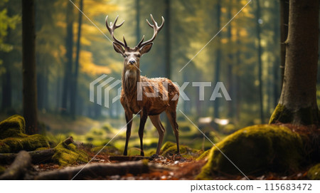 Sika deer on a background of forest shadows 115683472