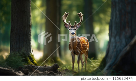 Sika deer on a background of forest shadows 115683474