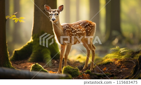 Sika deer on a background of forest shadows 115683475
