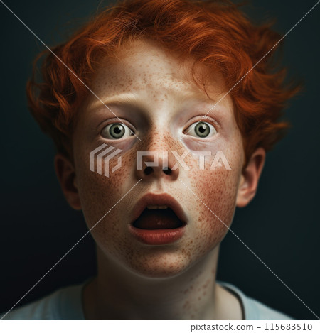 Funny boy with curly ginger hair and freckles being shocked Funny boy with curly ginger hair and freckles being shocked 115683510