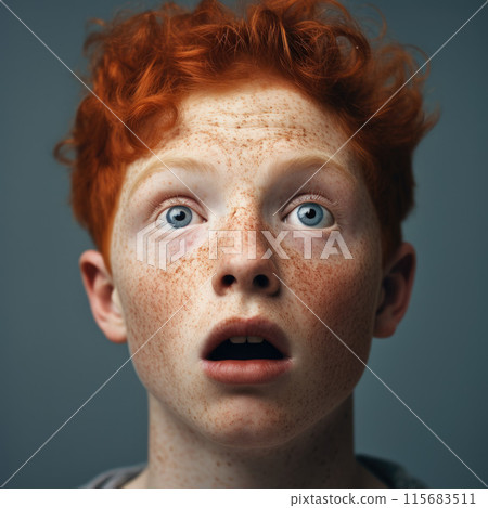 Funny boy with curly ginger hair and freckles being shocked 115683511