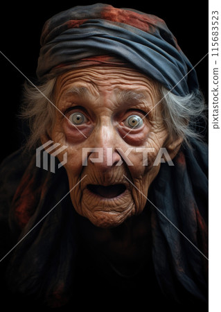 Scared and shocked grandmother gasping and staring frustrated at camera Scared and shocked grandmother gasping and staring frustrated at camera 115683523