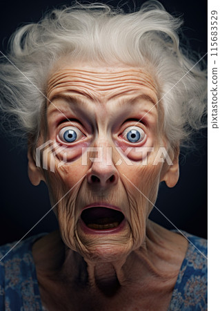 Scared and shocked grandmother gasping and staring frustrated at camera 115683529