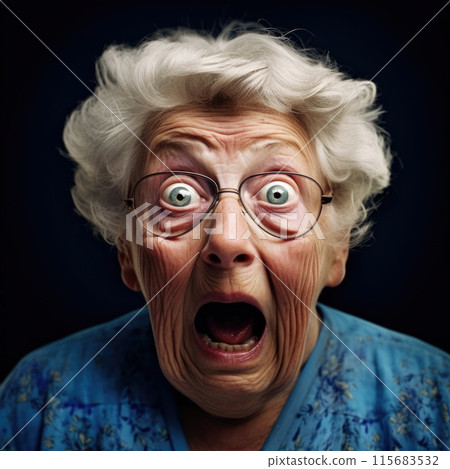 Scared and shocked grandmother gasping and staring frustrated at camera Scared and shocked grandmother gasping and staring frustrated at camera 115683532
