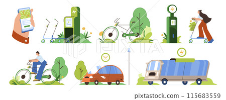Set of flat eco friendly public transport, electric car, scooter, bicycle in modern city Set of flat eco friendly public transport, electric car, scooter, bicycle in modern city 115683559