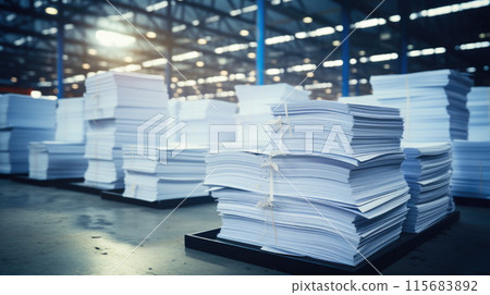 Big production warehouse with paper rolls and printing material Big production warehouse with paper rolls and printing material 115683892