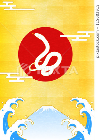 2025 Year of the Snake New Year's card, snake, Mt. Fuji, first sunrise and waves, New Year's postcard material 115683915