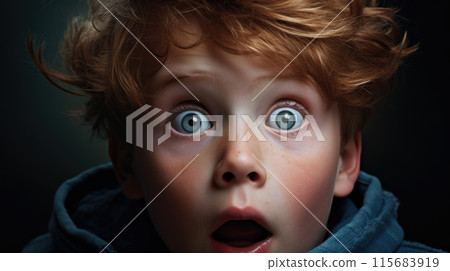 Funny boy with ginger hair and freckles being shocked 115683919