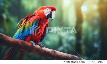 Red parrot Scarlet Macaw, Ara macao, bird sitting on the branch, Colombia. Beautiful parrot on green tree in nature habitat. 115683963