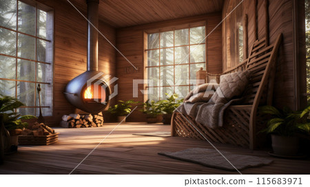 Interior of Finnish sauna, classic wooden sauna with hot steam. Russian bathroom. Relax in hot sauna with steam. Wooden interior baths 115683971