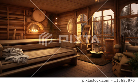 Interior of Finnish sauna, classic wooden sauna with hot steam. Russian bathroom. Relax in hot sauna with steam. Wooden interior baths 115683976