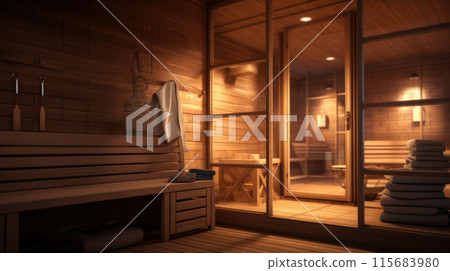 Interior of Finnish sauna, classic wooden sauna with hot steam. Russian bathroom. Relax in hot sauna with steam. Wooden interior baths 115683980