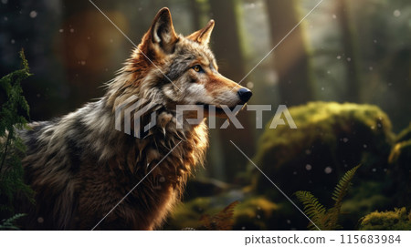 Eurasian wolf, Canis lupus, alpha male in spring european forest, staring directly at camera. Wolf in its biotope 115683984