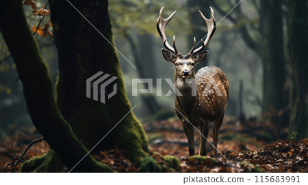 Sambar deer eating grass in a swamp in the Sumatran forest 115683991