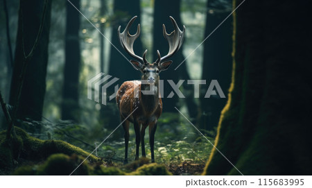 Sambar deer eating grass in a swamp in the Sumatran forest Sambar deer eating grass in a swamp in the Sumatran forest 115683995