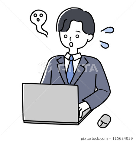 一個穿著西裝的男人在筆記型電腦前顯得心不在焉 115684039