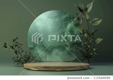 AI-generated item. 3d green marble podium with tropical leaves for product presentation. 115684090