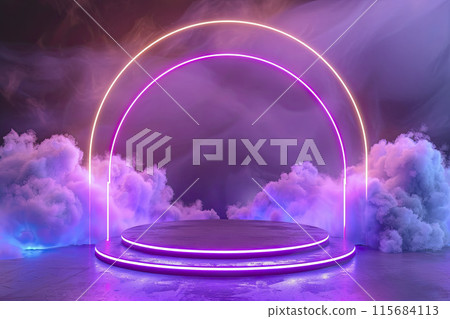 AI-generated item. 3d neon round podium for product presentation. AI-generated item. 3d neon round podium for product presentation. 115684113