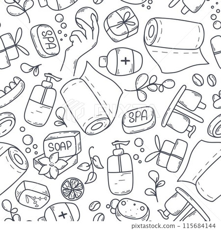 Hand drawn seamless pattern with hygiene items 115684144