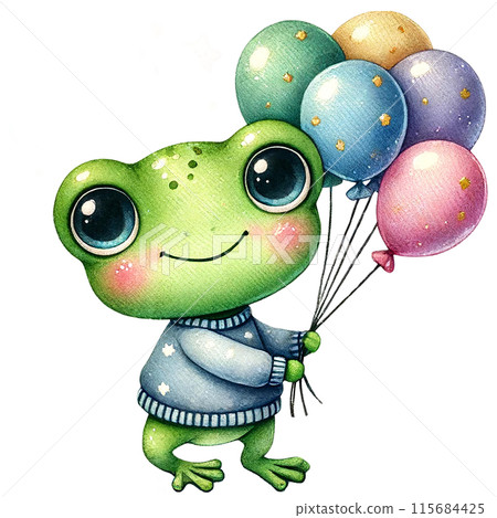 A cheerful green frog wearing a blue sweater holds a bunch of colorful balloons. A cheerful green frog wearing a blue sweater holds a bunch of colorful balloons. 115684425