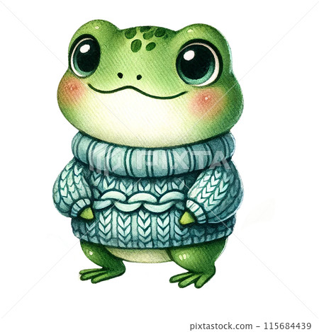 A cute green frog wearing a blue knitted sweater with big eyes. A cute green frog wearing a blue knitted sweater with big eyes. 115684439