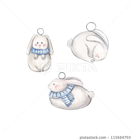Christmas tree toys white rabbit with a blue scarf on a white background. Watercolor New Year's illustration. Christmas decorations. White Christmas Bunny. Christmas. New Year. Suitable for design. 115684703