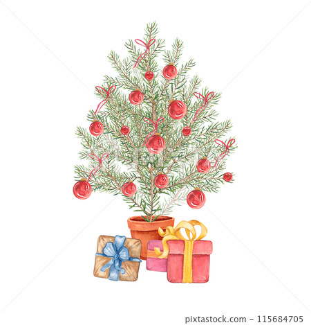 Christmas tree in pot decorated with red baubles and gifts with ribbons. Watercolor illustration isolated on white background. Christmas and holiday celebration concept. Design for greeting card Christmas tree in pot decorated with red baubles and gifts with ribbons. Watercolor illustration isolated on white background. Christmas and holiday celebration concept. Design for greeting card 115684705